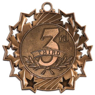 Bronze 3rd Place Ten Star medal, 2.25", large 3rd, THIRD and laurel wreath in center with 10 stylized stars along the outer edge.