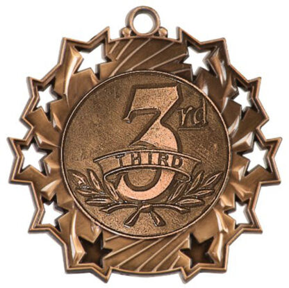 Bronze 3rd Place Ten Star medal, 2.25", large 3rd, THIRD and laurel wreath in center with 10 stylized stars along the outer edge.
