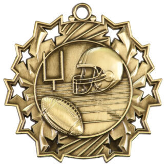 Gold Football Ten Star medal 2.25". With a football, helmet and goal posts on a field. Edged with 10 stylized stars.