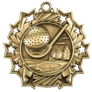 Gold Golf Ten Star medal, 2.25", golf ball and club, in front of golf course. Edged with 10 stylized stars.