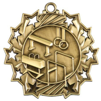 Gold Ten Star medal, 2.25", Pommel horse, double bar, balance and rings in center with 10 stylized stars on the outer edge.