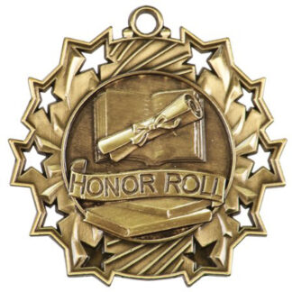 Gold Honor Roll Ten Star, 2.25" medal with raised books & rolled parchment in the center with 10 stylized stars on the outer edge.