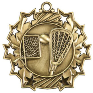 Gold Lacrosse Ten Star Medal, 2.25", lacrosse stick, cage and ball in center with 10 stylized stars on the outer edge.