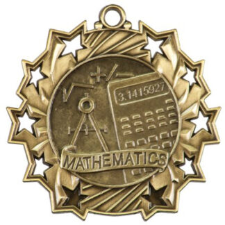 Gold Mathematics Ten Star, 2.25" medal with raised calculator and compass in the center with 10 stylized stars on the outer edge.