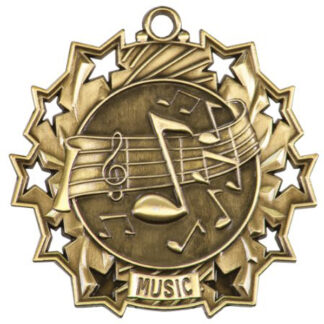 Gold Music Ten Star, 2.25" medal with raised music notes and 10 stylized stars on the outer edge.