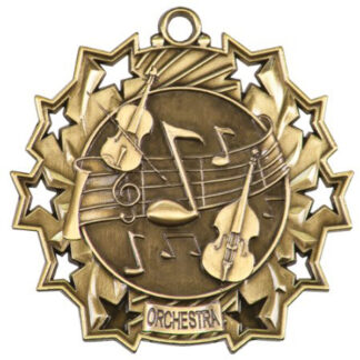 Gold Orchestra Ten Star, 2.25" medal, raised music notes with instruments and 10 stylized stars on the outer edge.
