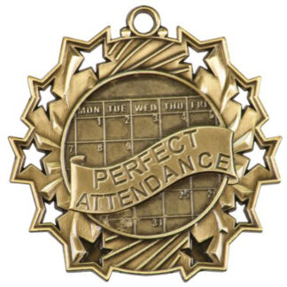 Gold Perfect Attendance Ten Star, 2.25" medal, calendar and the words "PERFECT ATTENDANCE" in the center, with stylized stars on the outer edge.
