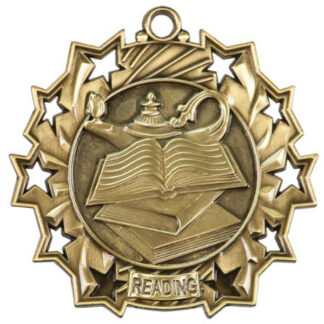 Gold Reading Ten Star, 2.25" medal, books, lamp of knowledge and the word "READING" in the center, with stylized stars on the outer edge.