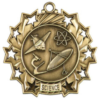 Gold Science Ten Star, 2.25" medal, atom, satellite, microscope and space shuttle in the center, with stylized stars on the outer edge.