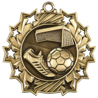 Gold Soccer Ten Star, 2.25", soccer ball, shoes and net. Edged with 10 stylized stars.