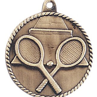 Gold Tennis medal with Crossed tennis rackets, ball and court. With a rope edge design.