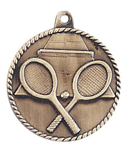 Gold Tennis medal with Crossed tennis rackets, ball and court. With a rope edge design.