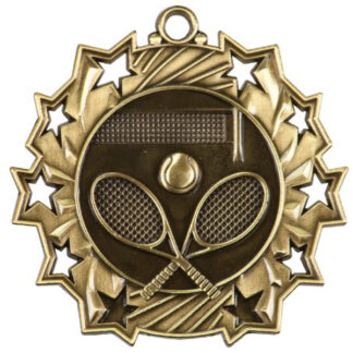 Gold Ten Star medal, 2.25", Tennis net with crossed rackets and ball in center with 10 stylized stars on the outer edge.