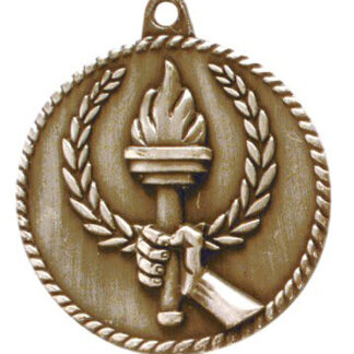 A handheld torch framed by a laurel wreath and a rope edge design. Gold medal