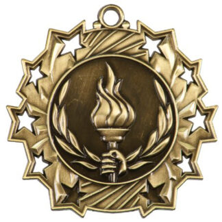 Gold Victory Ten Star, 2.25" medal, torch and laurel wreath with 10 stylized stars on the outer edge.