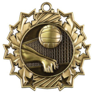 Gold Volleyball Ten Star medal, 2.25", volleyball being served and net in the center with 10 stylized stars on the outer edge.